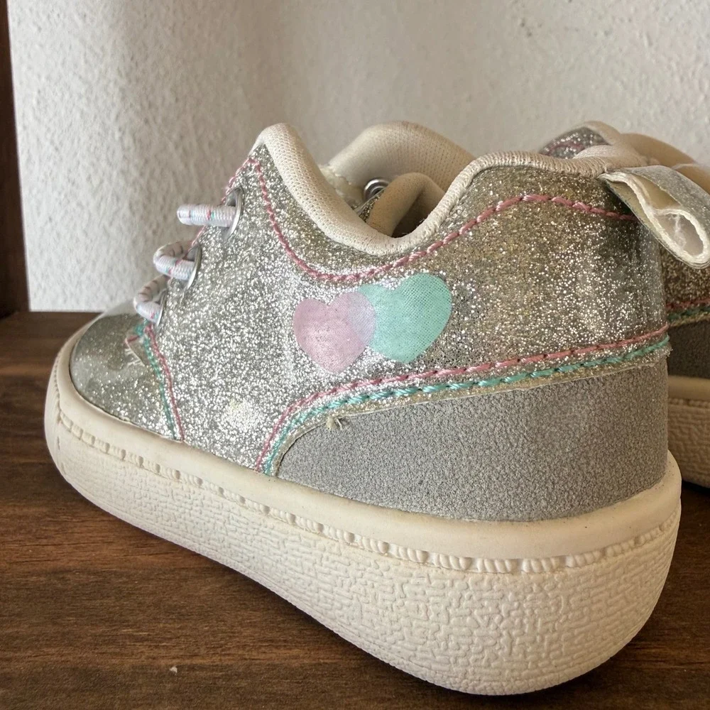 Carter's Glitter Toddler Sneakers Size 4 Silver Hearts Bungee Lace Up Shoes